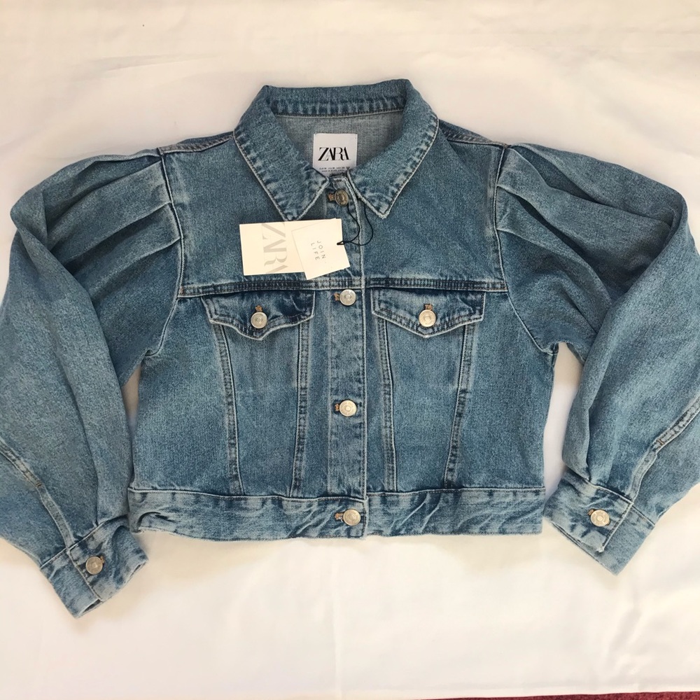 Zara Balloon Sleeves Cropped Denim Jacket Blue M - Picture 4 of 13